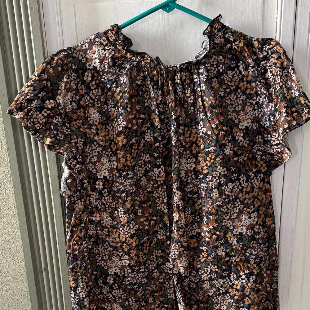 Time and Tru Black Floral Ruffle Neck Blouse